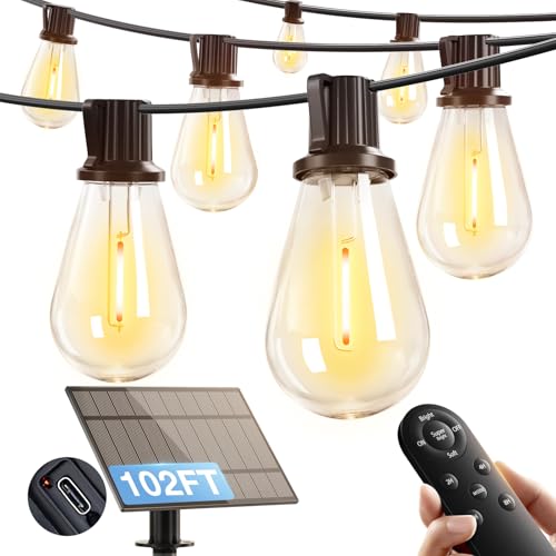 addlon 102FT(96FT+6) Solar String Lights Outdoor Waterproof with USB Port & Remote Control Solar Patio Lights for Outside Solar Powered with 34 LED Dimmable Bulbs for Porch Garden Deck Halloween - size: 96+6FT(32 Sockets)
