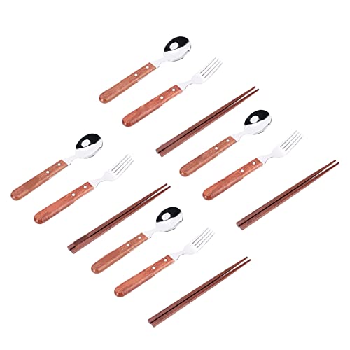 12 Pcs Camping Cutlery Set | 304 Stainless Steel & Wooden Handle Tableware | 4 Person Utensils Spoons Chopsticks Set for Picnic/Barbecue/Outdoor Dining | Includes Carry Bag