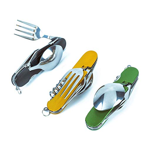 6-in-1 Multi-Function Camping Utensil Flatware Set Detachable Spoon Fork Knife Combo Mess Kit with Carrying Pouch (Black + Gold + Green) - color: Black + Gold + Green
