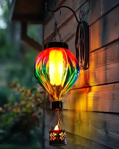 Hot Air Balloon Hanging Solar Lantern Outdoor Waterproof with Flickering Flame Gifts for Women Grandma Mom Glass Hanging Solar Lights Decorative for Outside Wall Front Porch Yard Garden Fence - color: Pink & Blue