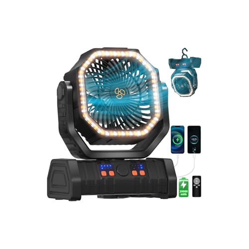 Battery Operated Fan Portable Battery Powered Outdoor Camping Tent Fan with LED Lantern Light 20000mAh Rechargeable, Oscillating, 360° Rotating Hanging Hook, Cordless USB Desk Fan(Black)
