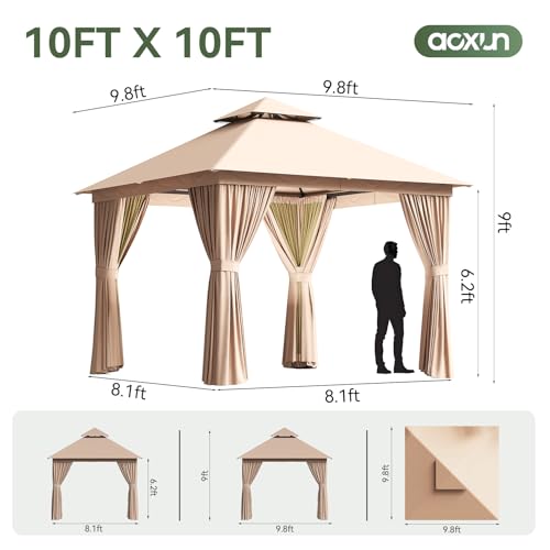 Aoxun Outdoor Gazebo for Patio 10x10 Metal Frame Canopy with Double Roofs Heavy Duty Party Tent and Shelter with Mosquito Netting and Privacy Screen for Backyard, Lawn, Garden, Deck (Khaki) - color: Khaki, size: 10 X 10