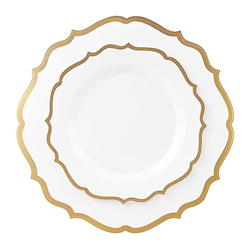 PLASTICPRO 32 Pack Elegant Disposable Plastic Plates Combo Set Includes 16 Dinner Plates and 16 Salad Plates Heavy Duty Fancy Party Plates White & Gold Contemporary Design - color: White & Gold Contemporary