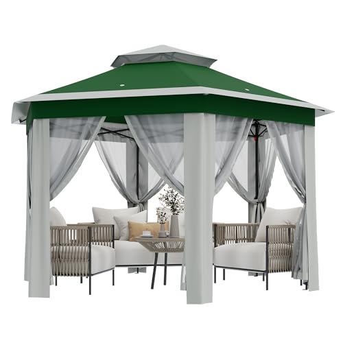 13X13 Pop Up Gazebo,Outdoor Canopy Tent with Mosquito Netting, Double Vented Roof Sun Shelter with Adjustable Heights,Outdoor Gazebo for Backyard & Patio Furniture.(Green with Beige-Hexagonal). - color: Green with beige
