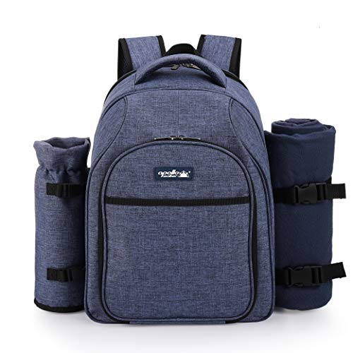 Apollo Walker Picnic Backpack Bag for 2 Person with Cooler Compartment, Detachable Bottle/Wine Holder, Fleece Blanket, Plates and Cutlery Set (2 Person, Navy) - color: Navy, size: 2 Person