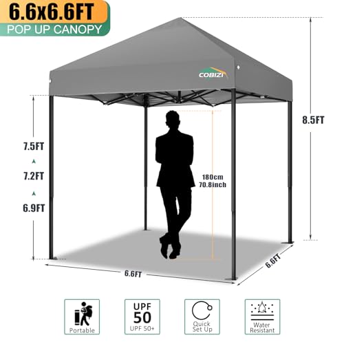 COBIZI 6.6x6.6ft Pop Up Canopy, Heavy Duty Tent Canopy Easy Set up All Weather Waterproof Outdoor Canopy Tent for Parties, Beach, Garden, Camping with 1 Handbag, 3 Adjustable Heights, UPF50+, Grey - color: Gray, size: 6.6x6.6 Without Sidewalls