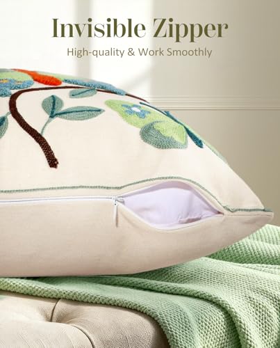 Embroidered Throw Pillow Cover 18x18 Inch - Spring Summer Boho Decorative Pillow Cover with Zipper for Living Room Couch Sofa Bed Aesthetic Design Branch Butterfly Cushion Pillowcase - color: Branch-butterfly, size: 18" x 18" (Pack of 1)