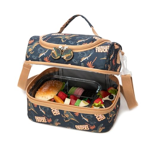 Insulated Kids Dual Compartment Lunch Bags Tote for Girls Boys Toddler Lunch Boxes Pre-School Toddler Kindergarten Picnic Camp Food Cooler Thermal with Strap (Z Trucks Dinos) - color: Z Trucks Dinos