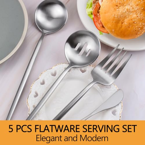 Large Serving Utensils Set,5 Pcs Stainless Steel Silver Serving Utensils with 10.8 Inch Serving Fork,10.3 Inch Serving Spoon,Slotted Serving Spoons,Sugar Spoons,Butter Knife for Party Buffet Banquet - color: Matte Silver
