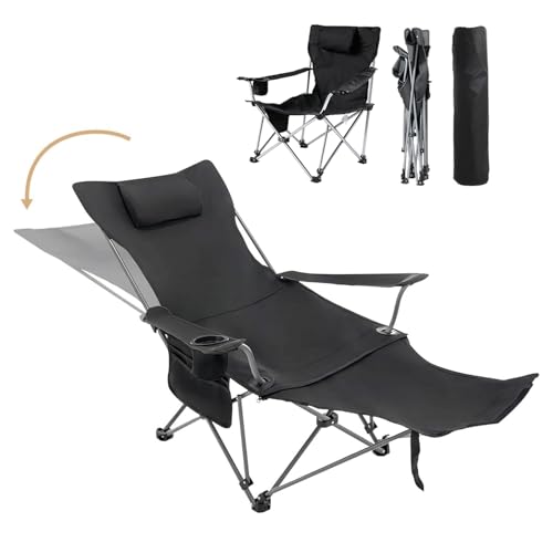 Reclining Camping Chair with Removable Footrest, Adjustable Camping Lounge Beach Chair with Padded Headrest, Cup Holder & Carry Bag, Camp Chair with Foot Rest Lawn Chairs for Camp, Fishing,Office - color: Black