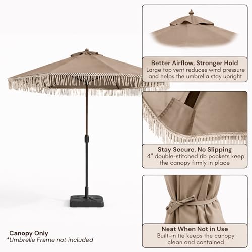 Formosa Covers 9ft 8-Rib Boho Replacement Umbrella Canopy with Tassel Fringe Valance, 600D Polyester, UV-Treated, Fits Market Patio Frames - color: Tassel Taupe