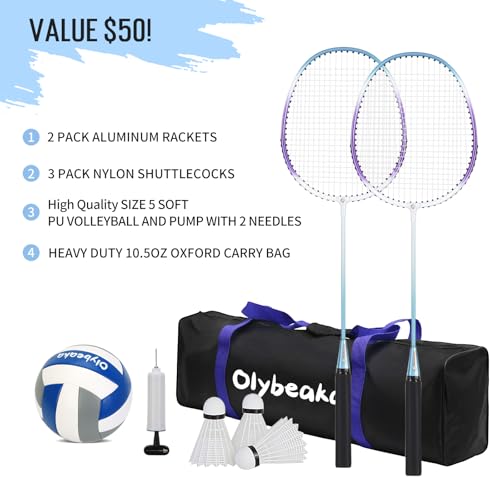 20ft Outdoor Volleyball & Badminton Combo Net Set for Backyard Beach with Adjustable Poles, Durable Anti-Sag Net, PU Volleyball, 2 Aluminum Rackets - color: Blue