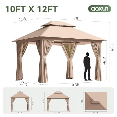 Aoxun Outdoor Gazebo for Patio 10x12 Metal Frame Canopy with Double Roofs Heavy Duty Party Tent and Shelter with Mosquito Netting and Privacy Screen for Backyard, Lawn, Garden, Deck (Khaki) - color: Khaki, size: 10 X 12