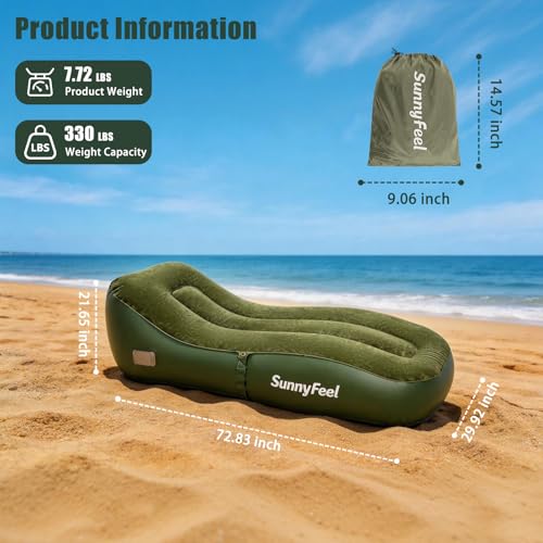 SUNNYFEEL Inflatable Lounger Couch with Built-in Pump, Heavy Duty PVC Flocked Inflatable Sofa Chair for Adults, Portable Air Lounger for Camping, Beach, Home & Outdoor, Army Green - color: Army Green