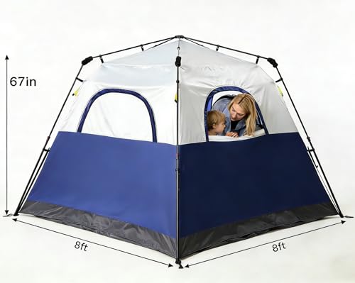 3/4 Person Camping Tent with 1 Door, 4 Windows, and Upgraded Ventilation– Instant Setup, Waterproof, 8'x 8'x 67''Oxford Fabric Floor Pop Up in 60 Seconds Includes Rainfly and Backpack - color: 4 Person Dark Blue/2-Layer