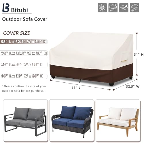 Bitubi Waterproof Patio Sofa Cover, Heavy Duty 2-Seater Outdoor Couch Cover Size Up to 58W x 32.5D x 31H Inches, Lawn Patio Furniture Covers with Air Vent (Brown) - color: Sofa-brown, size: 58"W x 32.5"D x 31"H