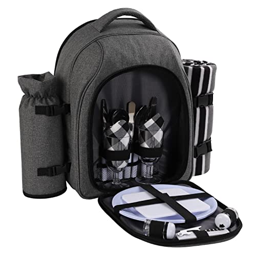 apollo walker Picnic Backpack Bag for 2 Person with Cooler Compartment, Detachable Bottle/Wine Holder, Fleece Blanket, Plates and Cutlery Set (2Person,Grey) - color: Grey1, size: 2 Person