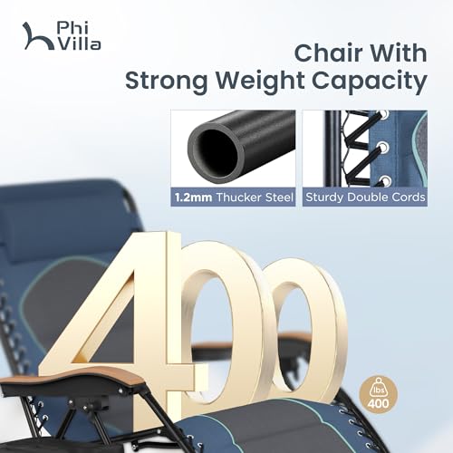 PHI VILLA XXL Oversized Padded Zero Gravity Chair, Foldable Patio Recliner, 30" Wide Seat Anti Gravity Lounger with Cup Holder, Support 400 LBS (Blue Accent) - color: Blue Accents, style: 1 Pcs