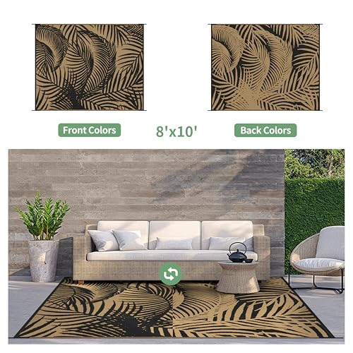 GENIMO Outdoor Rug 8' x 10' Waterproof for Patio Clearance, Reversible Plastic Straw Camping Carpet, Lightweight Mats for Rv, Backyard, Deck, Porch, Picnic, Beach, Balcony, Black & Brown - color: A.black & Brown, size: 8' x 10' (Rectangular)