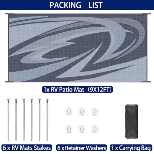 EEZ RV Products 9'x12' GW Heavy Duty Reversible/Durable Outdoor Patio/RV Mats Picnic in The Park (9ftx12ft Grey) Come with Large Storage Bag & 6 Sets of Stakes and Washer - color: Grey, size: 9' x 12' (Rectangular)