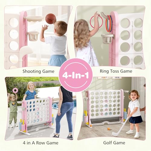 COSTWAY Giant 4 in A Row Connect Game Set, Height Adjust 4-to-Score Game with Mesh, Golf, Ring Toss Sets, Basketball & Cup Holders, Indoor Outdoor Yard Party Game for Kids Adults, Family (Pink) - color: White & Pink