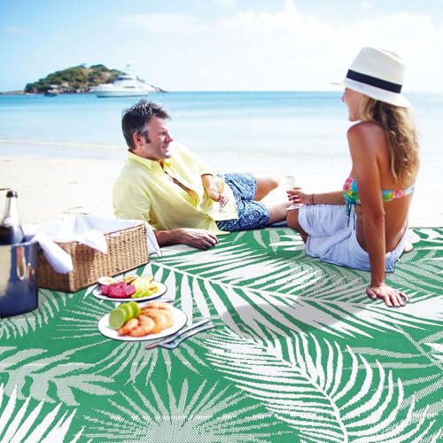 Outdoor Rug 8'x10' Waterproof for Patios Clearance, Reversible Outdoor Plastic Straw Rug Camping Carpet, Outside Floor Mats Large Area Rugs for RV,Patio,Deck,Porch, Beach,Balcony,Green&White - color: Green&white, size: 8' x 10' (Rectangular)