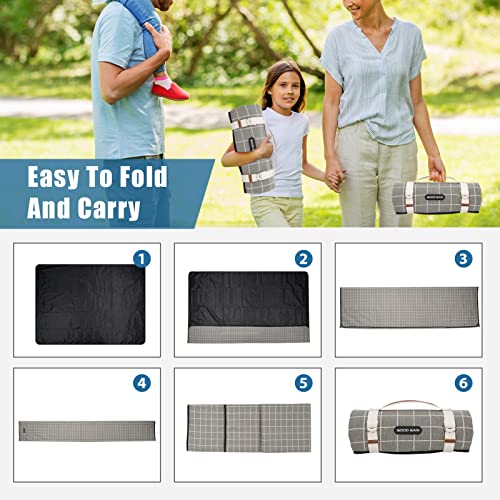 Picnic Outdoor Blankets Waterproof Extra Large - Beach Mat Sand Free Foldable with Carry Strap | Portable Camping Blanket | Park Blanket for Grass Park, Hiking, Travel, Concerts, Indoor (Grey Check) - color: Grey