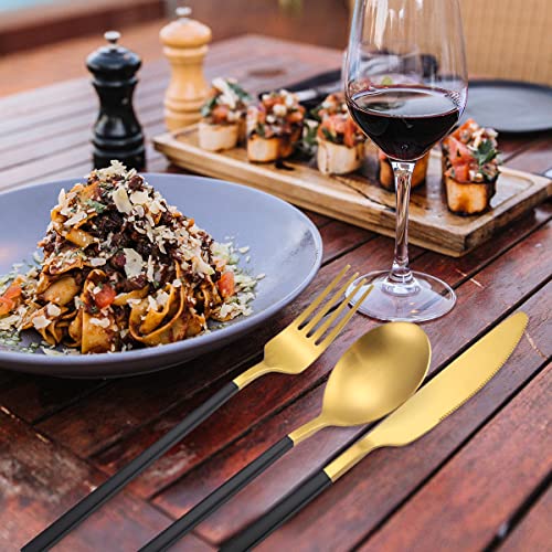 AARAINBOW 6 Pieces Stainless Steel Flatware Set Portable Reusable Cutlery Set Travel Utensils Set Including Chopsticks Knife Fork Spoon Straws Cleaning Brush Dishwasher Safe (B-Black golden) - color: B-Black golden