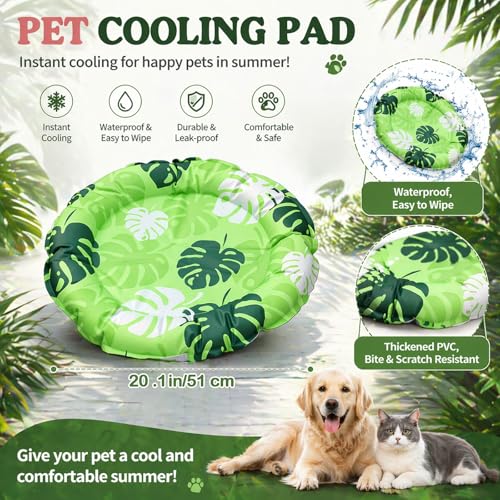 Drydiet Pet Cooling Mat for Cats and Small Dogs, 20.1'' x 20.1'' Thickened Round Blue Pad Anti-Grab Internal Gel Without Water Filling, Lightweight, Washable, Playmat for Indoor/Outdoor - color: Green Plant, size: 20.1'' X 20.1''