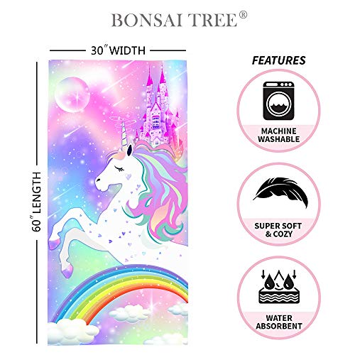 Bonsai Tree Unicorn Microfiber Beach Towel, Rainbow Kids Quick Dry Beach Blanket Oversized Clearance 30" x 60", Magic Castle Cute Sand Proof Bath Towels for Girls Travel - color: Unicorn 1, size: 30"x60"