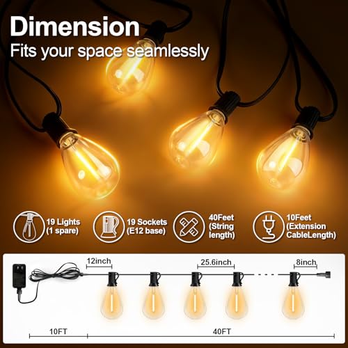 50FT Outdoor String Lights, 15m Waterproof Remote LED Patio Lights with 19+1 S11 Bulbs 10FT Extension Cable, Dimmable Outside Hanging Lights for House, Porch,Yard,Garden,Bistro, Gazebo lighting