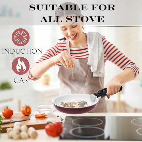 Moss & Stone Aluminum Pots And Pans Set Nonstick, Removable Handle Cookware, Stackable Pots And Pans Set, Dishwasher safe, Induction Pots And Pans, Camping Cookware Set (5 Pcs Burgandy) - size: 5 Pcs Burgandy