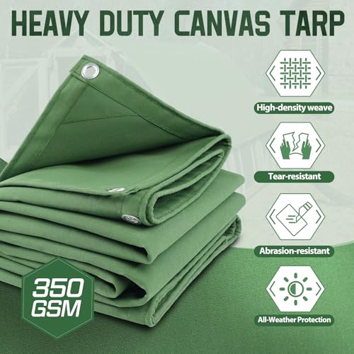 10x10 Canvas Tarp 350GSM Heavy Duty Canvas Tarps with Rustproof Grommets, 12 oz Durable & Multipurpose Green Outdoor Tarpaulin for Camping, Patio, Canopy Tent, Woodpile, Truck and Equipment - size: 10x10