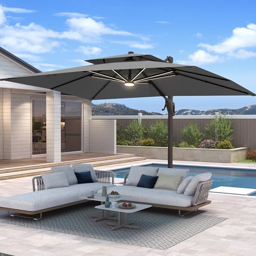 10 X 13 FT Cantilever Patio Umbrella with Led Lights Outdoor Rectangle Offset Large Double Top Heavy Duty Umbrellas with 360°Rotation for Pool Deck Backyard Garden, Gray - color: Gray, size: 10×13 Ft Without Base