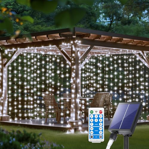 Solar Curtain Lights 10*10Ft 300LED Waterproof Waterfall Light with 8 Modes Remote Type C Charging Dimmable Timer Twinkle Fairy String Lights for Outdoor Christmas Gazebo Wedding Party Pergola Patio - color: 300LED Cool White