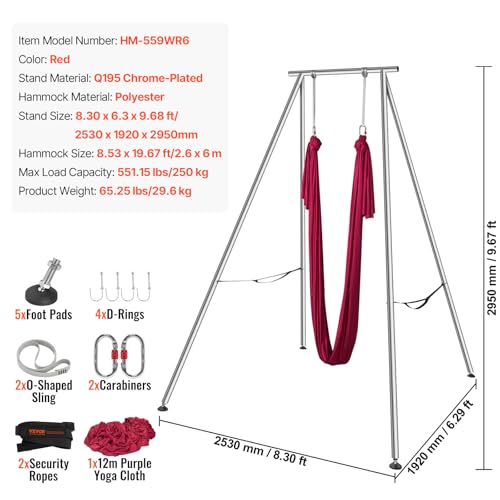 VEVOR Yoga Stand Frame, Max 441-551 lbs Load Swing Stand, Triangular Structure Aerial Rig, Aerial Silk Stands with Yoga Hammock, Standard & Height-Adjustable Version - color: Red, style: Standard Version