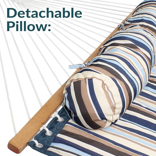 Sunnydaze Quilted Double Hammock for Outside with Spreader Bars and Pillow - 450 lb Capacity, 74x55 Inch Bed, UV Resistant, Quick Dry - Chains Included, Stand Sold Separately - Ocean Isle - color: Ocean Isle