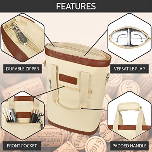 opux Two Bottle Wine Bag Carrier Tote, Insulated Leakproof 2 Bottle Wine Cooler Bag for Travel BYOB Picnic, Portable Wine Case, Gift for Men Women Wine Lover Birthday Party Christmas, Cream Beige - color: Cream Beige