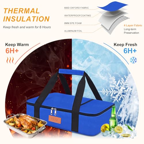 BBV Insulated Casserole Carrier for Hot or Cold Food, Food Warmer Bag Fits 9"x13" Baking Dish, Durable Nylon Leak Proof Food Containers for Travel, Potluck, Parties, Picnic, Cookouts (Royal Blue) - color: Royal Blue