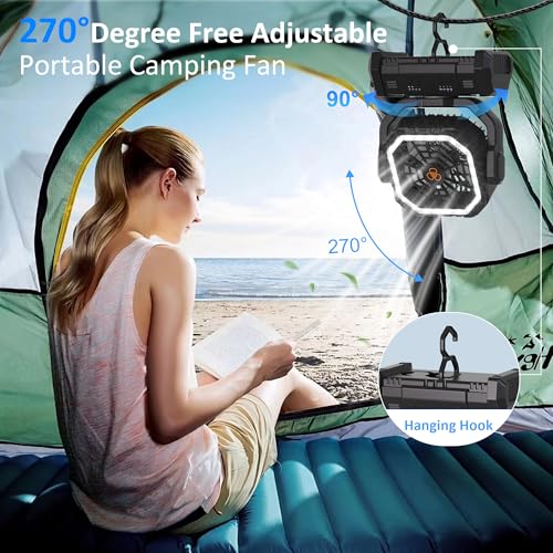 Portable Fan Rechargeable, 20000mAh Cordless Battery Powered Camping Fan with LED Light & Remote, 4 Speeds Wind, Timer, USB C, Hanging Hook, Oscillating Fans for Travel Tent, Camping Essentials - color: Black