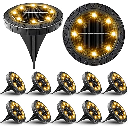 Solar Powered Ground lights 12 Pack,Waterproof LED Solar Lights Outdoor Solar Disk Lights Decorative,Solar Garden Lights for Landscape Pathway Patio Yard Walkway Path Lawn Driveway Lighting Warm White - size: 12 Pack