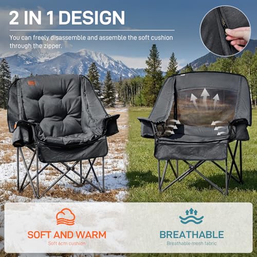 EVER ADVANCED XL Camping Chair with Detachable Cushion, Mesh Chair for Adults Foldable, Oversized Heavy Duty Folding Chair with Cooler Mesh Pocket Cupholder Outdoor Fishing, Supports 400LBS Black - color: Black, size: 1 P