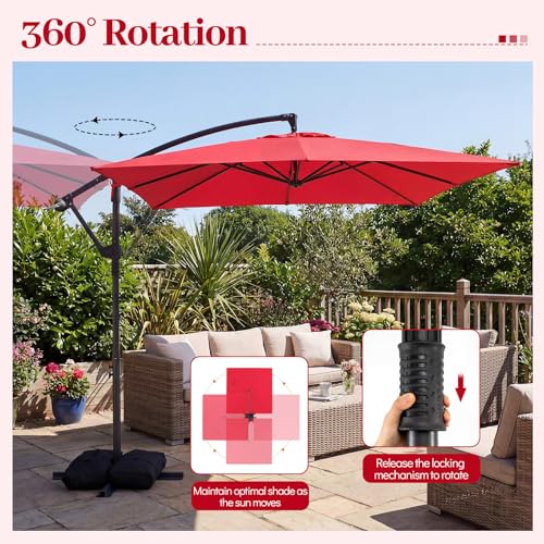 Tangkula 8x8 FT Patio Umbrella with Base Included, Square Offset Cantilever Outdoor Umbrella with 360 Degree Rotation, Crank Handle, Sandbags, 8 Ribs for Pool Deck Garden Backyard - color: Red, size: 8 FT
