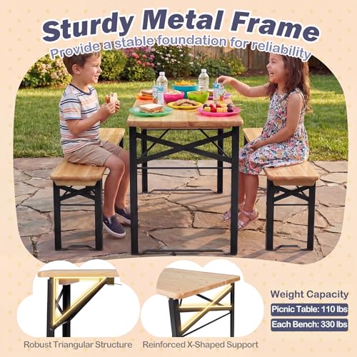 Costzon Kids Picnic Table, 43.5 Inch Folding Picnic Table with 2 Benches, Fir Wood Top & Metal Frame, No Assembly 3-Piece Portable Kids Indoor/Outdoor Furniture for Patio Backyard Daycare (Black) - color: Black