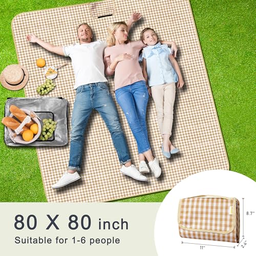 SAMSIER Outdoor Picnic Blankets Waterproof Foldable Sandproof, Extra Large Gingham Cute Picnic Mat Washable Portable for Park Beach Camping Courtyard (Coffee, 80"×80") - color: Coffee, size: 6'8" x 6'8" (Square)