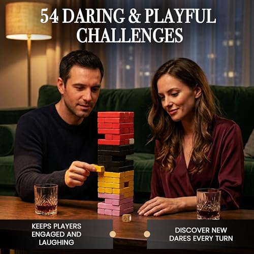 Risk or Drink - Naughty Wooden Block Tower Game for Couples, Freak or Drink 54 Challenges + Blindfold & Dice, Date Night Dares, Do or Drink, Valentine's Day