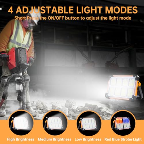Rechargeable Flood Light - 10000LM LED Portable Work Light with Stand, 6600MAh Job Site Flashlight Spotlight for Car Repair,Camping, Emergency - Solar Hand Held Lamp IP66 Waterproof 4 Modes - Yellow