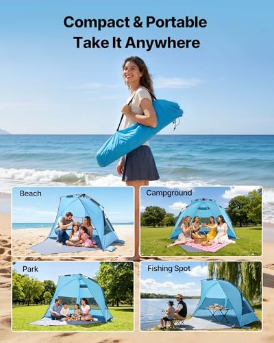 VEVOR Beach Tent Sun Shelter for 4 Person, Pop Up Beach Tent UPF 50+, Portable Sun Shade Beach with Carrying Bag and Sand Pockets, Easy Setup Umbrella for Camping Fishing Outdoor Picnic - size: 4 Person(Pop Up)