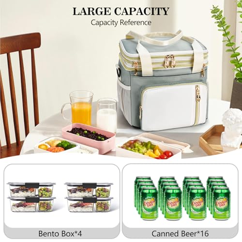 Lunch Box & Lunch Bag for Women Men, Expandable Large Insulated Adult Lunch Bag with Strap, Double Deck Leakproof Lunchbox Durable Cooler Bags for Work Picnic Beach,16L, Olive Green & White - color: Olive Green