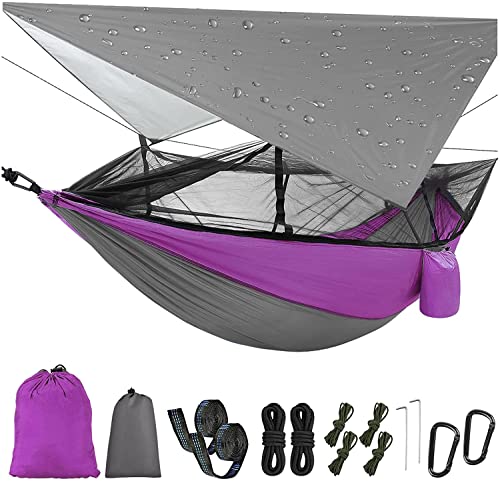 Camping Hammock with Mosquito Net & Rain Fly Tent Tarp & Tree Straps Portable Strong Nylon Hammock Parachute Tent w/Storage Bag for Camping Hiking Backyard Outdoor Backpacking Travel - color: Purple